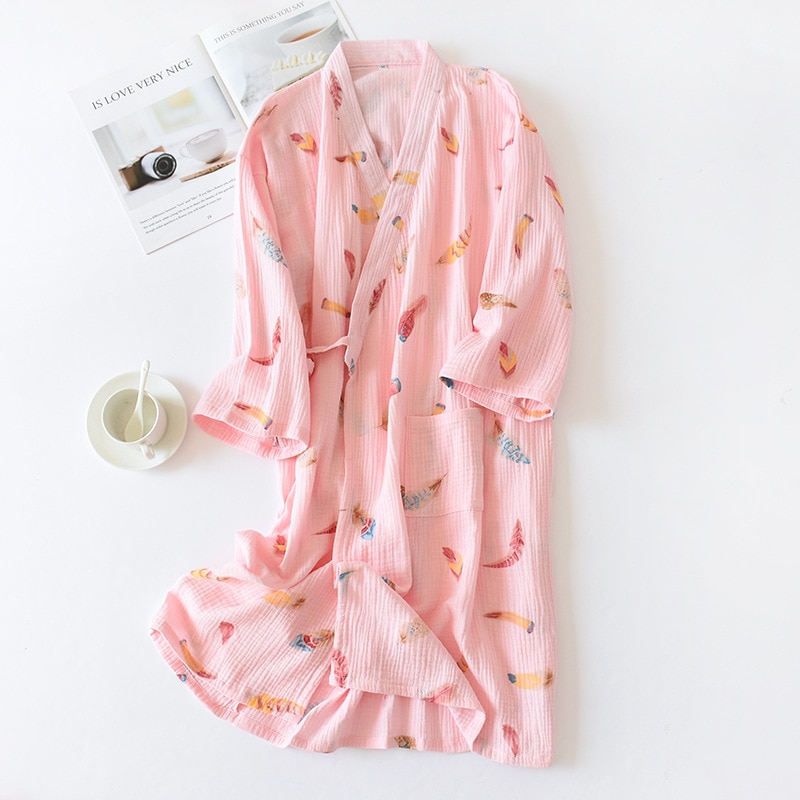 Bata de baño de gasa para mujer, estilo japonés, 100% algodón, bonita bata de baño para el hogar, Kimono largo estampado, ropa de noche para el hogar