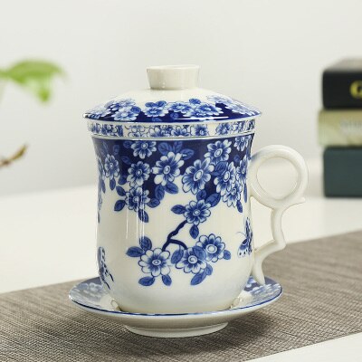 Chinese traditionele kopjes Thee cup met deksel Schotel blauw en wit porselein Theekopje Aardewerk Keramische koffie mok thee set: B