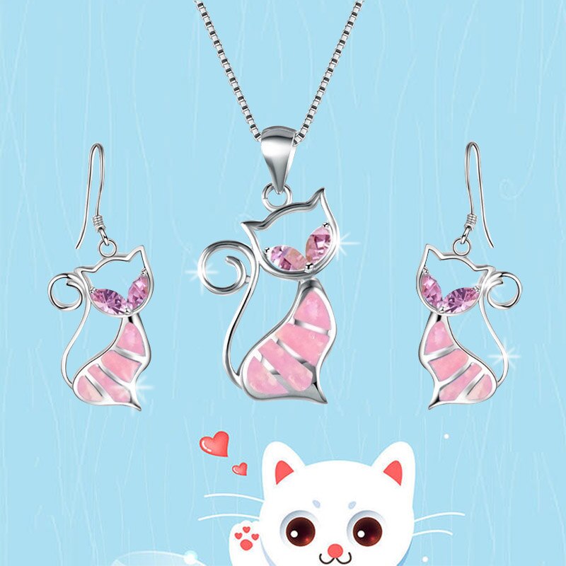 FDLK – ensemble de bijoux en alliage de Zinc, Style bohème, Imitation opale de feu, chat, pendentif, boucles d&#39;oreilles, femmes, mariage, animaux: Pink