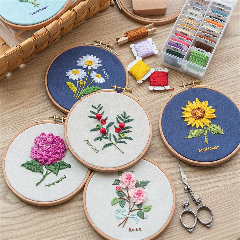 DIY Embroidery Kits Flower Painting Cross Stitch Material Kits Beginner Embroidery Set DIY Needlework Tools NO HOOP