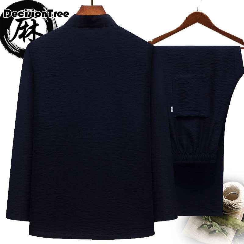 Katoenen linnen tweezijdige traditionele chinese outfit tang-pak met lange mouwen hanfu-top kungfu-jas + broek uniform voor mannen