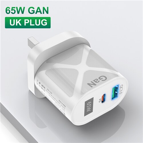 GTWIN 65W GaN PD Fast Charger Quick Charge QC3.0 USB-A Type C Fast USB C Charger For Huawei Xiaomi iPhone12 13 Pro Max X Macbook: UK Plug White