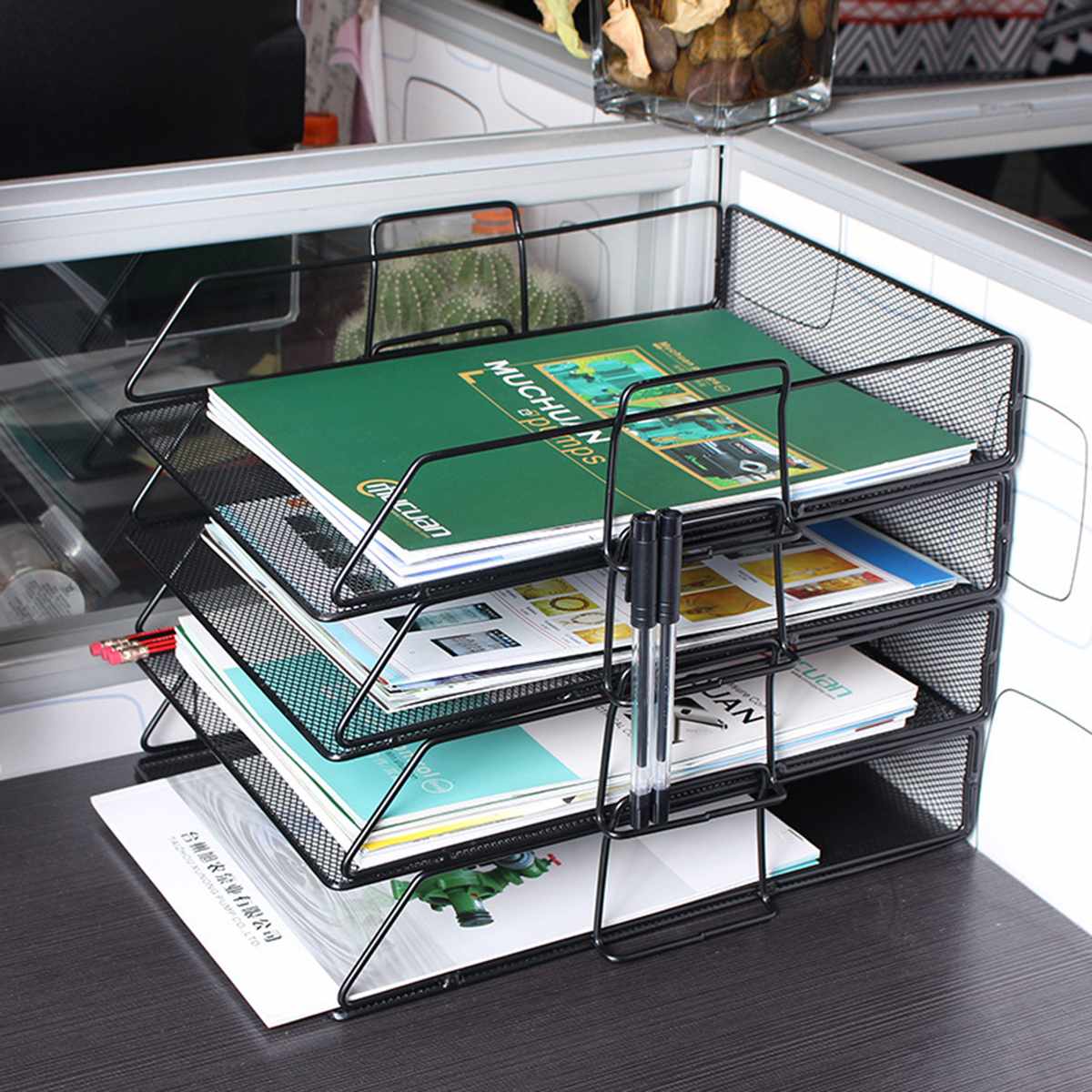 Stackable Iron Mesh A4 Paper Organizer Document File Storage Basket Holder Desktop Office Book Magazine Newspaper Storage Tray