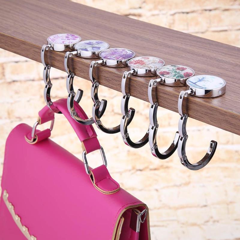Gancho Metálico Redondo y Plegable para Colgar en la Mesa, 1 Unidad, Soporte con Dibujo de Flores y Aleación de Cristal, Colgador en Suspensión Portátil para un Objeto o para Bolso de Mano