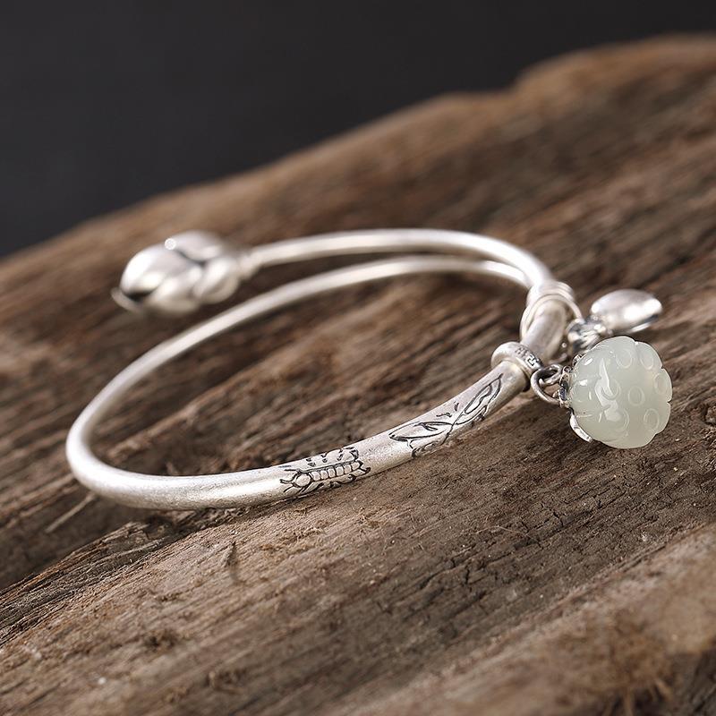 Pulseira de prata para mulheres s925 prata esterlina s925 sino de mudas de lótus ajustável sólido retrô retrô simples de prata pus