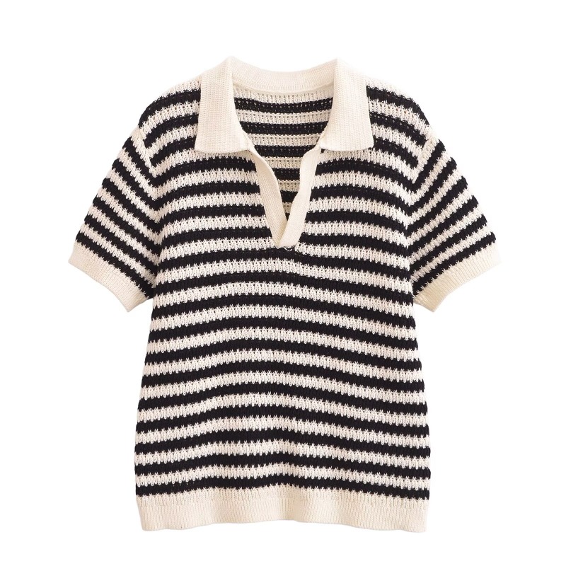 TRAFZR 2025, gestreiftes Strick-Baumwoll-T-Shirt für Damen, Polo-Kragen, kurzärmelig, lässig, Frühling, Sommer, Alltag, Straße, Wochenendkleidung