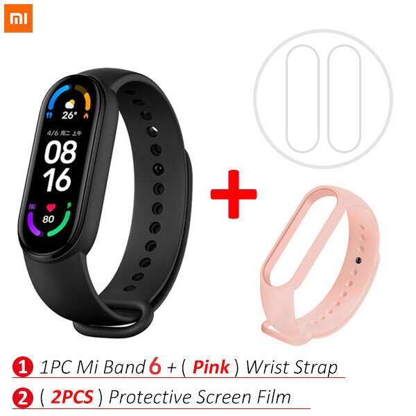 Xiaomi-pulsera inteligente Mi Band 6, dispositivo con control del ritmo cardíaco y del oxígeno en sangre, Pantalla AMOLED a Color de 1,56 pulgadas, Bluetooth, 5 colores: Add Pink Strap