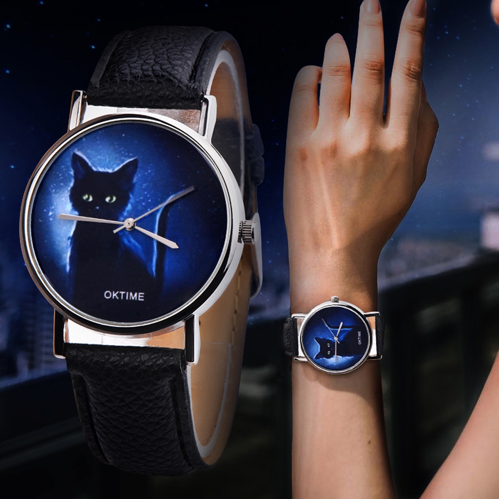 Sterrenhemel Vrouwen Horloges Mysterieuze Zwarte Kat Afdrukken Quartz Horloge Faux Leather Analoge Elegante Wirst Horloge Reloj Mujer