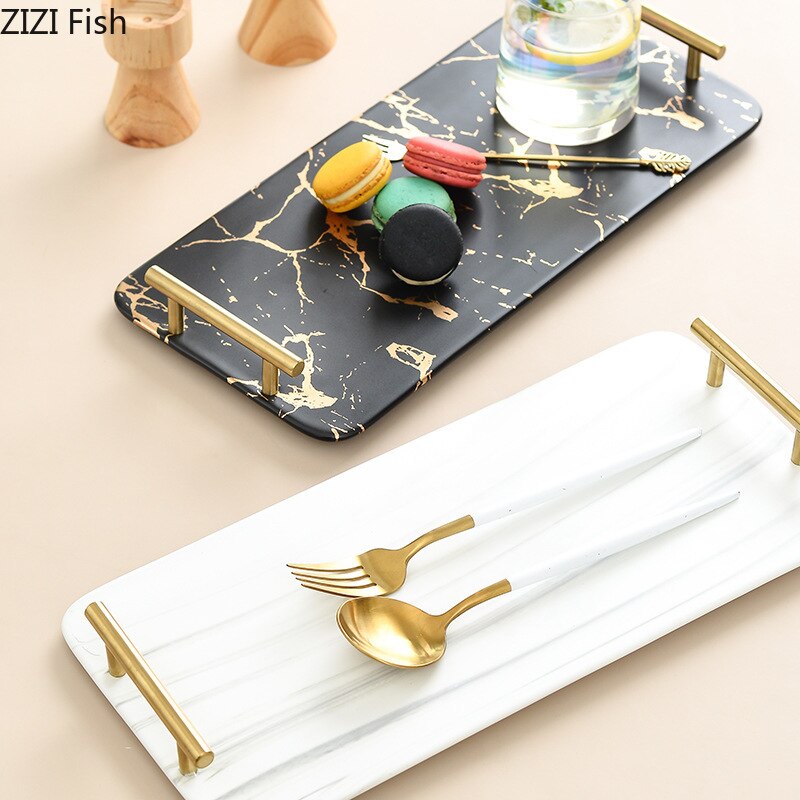 Bandeja de cerámica moderna de mármol dorado para restaurante, bandeja creativa para Sushi, plato de postre para desayuno en casa, accesorios de decoración para el hogar