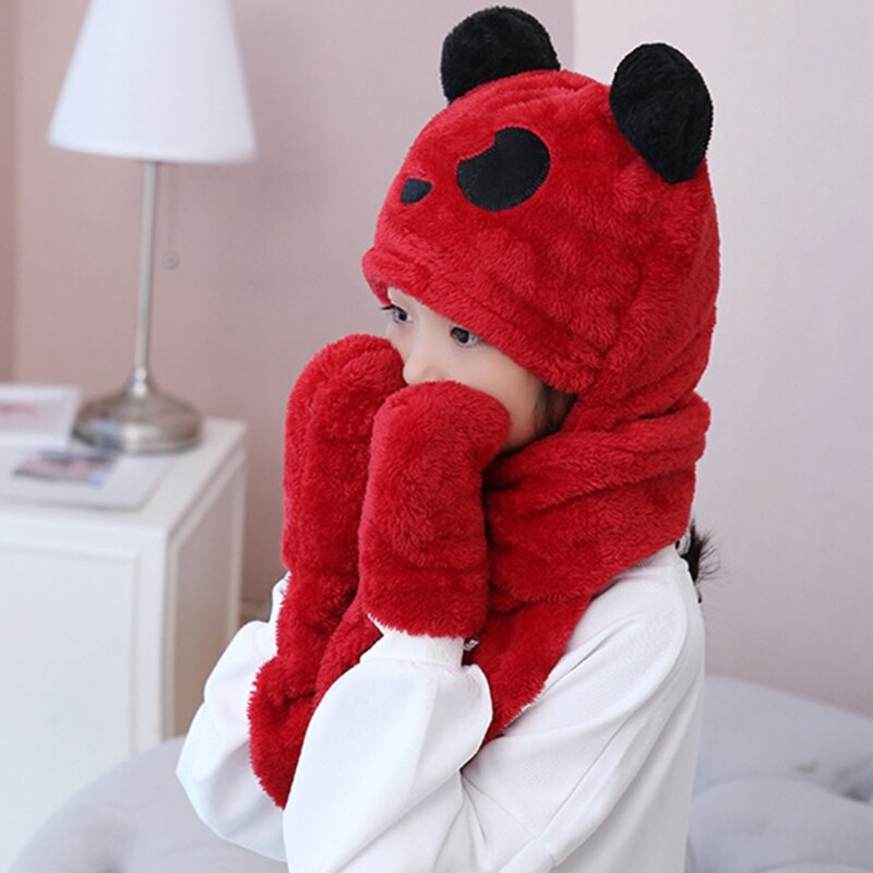 Peuter kinderen baby winter 3 in 1 muts lange sjaal handschoenen set panda dierenoren dikke pluizige pluche hoodie oorklep muts nekwarmer