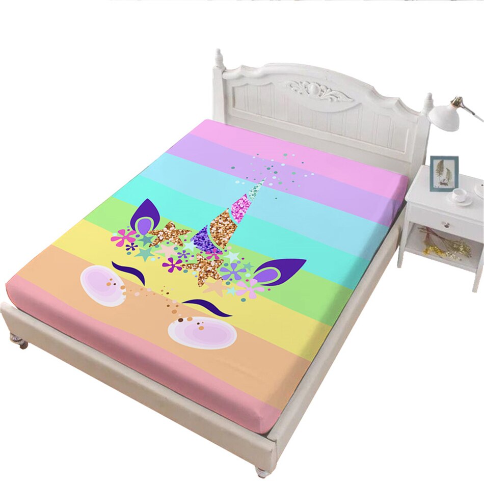 Colorful Cartoon Bed Sheet Cute Unicorn Fitted Sheet Rainbow Color Striped Bedding Twin Full Queen King Mattress Cover: Full