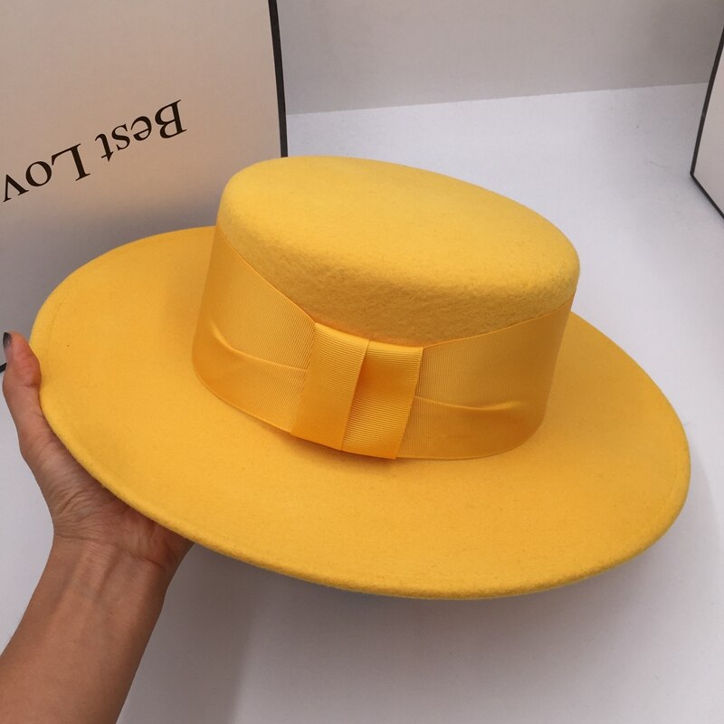 Fedoras invierno nueva lana ala ancha y plana a lo largo de los sombreros amarillos para mujer