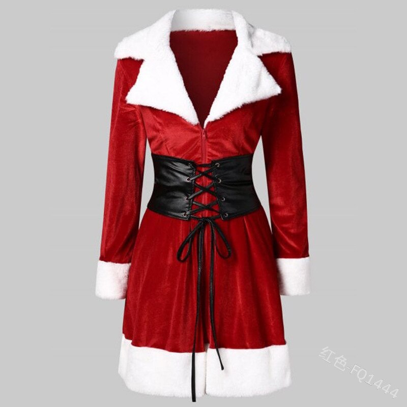 Christmas Costume Dress Women Red Green Dress White Velvet Fleece Shawls Deep V-neck Dress Femme Xmas Outfit