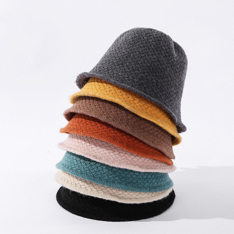 Cokk hue kvinders vinter uld strikke bøttehue vintage fiskerhue ensfarvet tyk varm vinterhue japan koreansk stil
