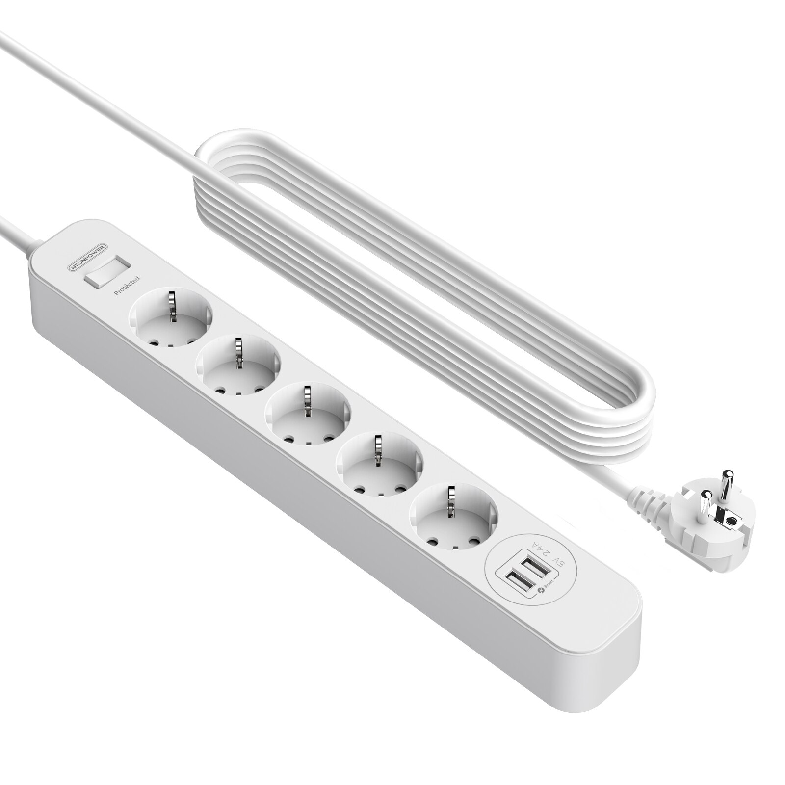 NTONPOWER Wall Mountable Power Strip, 5M Extension Lead with USB, EU Power Plug with Overload Protected Switch, for Home Office: 5AC 2USB 3 Meters