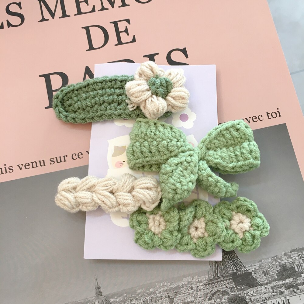 Otoño Invierno 4 unids/set Adorable de lana de punto Bowknot flor pelo Clip horquilla para las mujeres Accesorios: 2