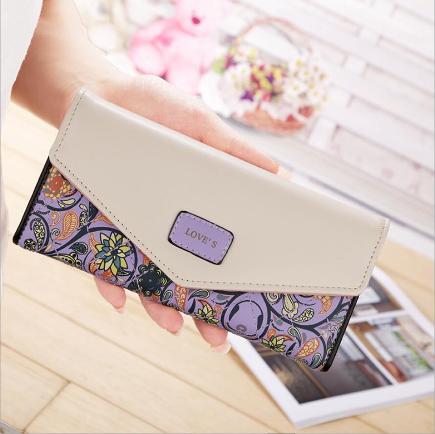 Konvolut kvinder pung hit farve 3 fold blomster print pu læder pung lang dame clutch mønt telefon pung: Lilla