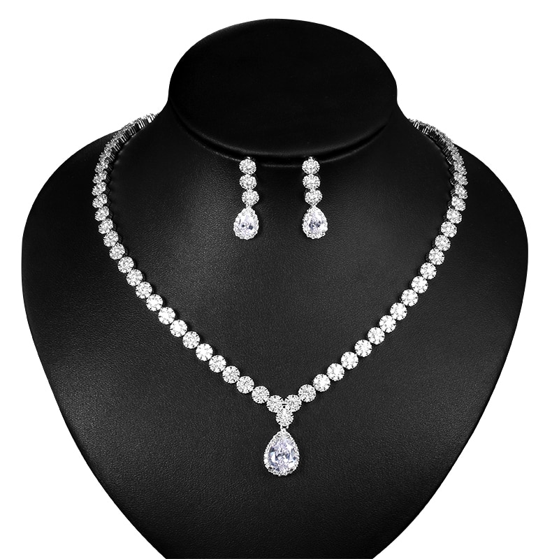 WEIMANJINGDIAN – ensemble de bijoux de mariée, collier et boucles d&#39;oreilles en cristal de zircone cubique en forme de goutte de poire et de fleur