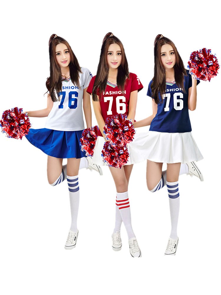 (2 pcs of Pom Poms+1 costumes +1 Socks)College High School Cheerleader Clothing Football Campus Style Student Uniform