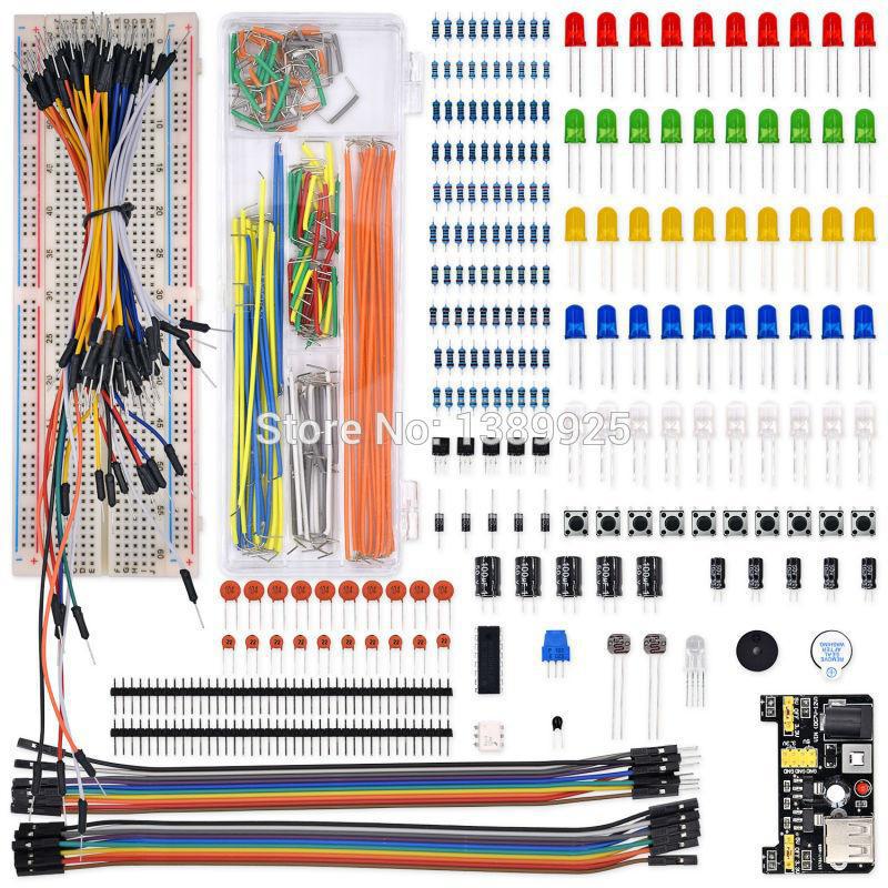 Electronics Component Basic Starter Kit with 830 Tie-points Breadboard Cable Resistor Capacitor LED Potentiometer Box Packing