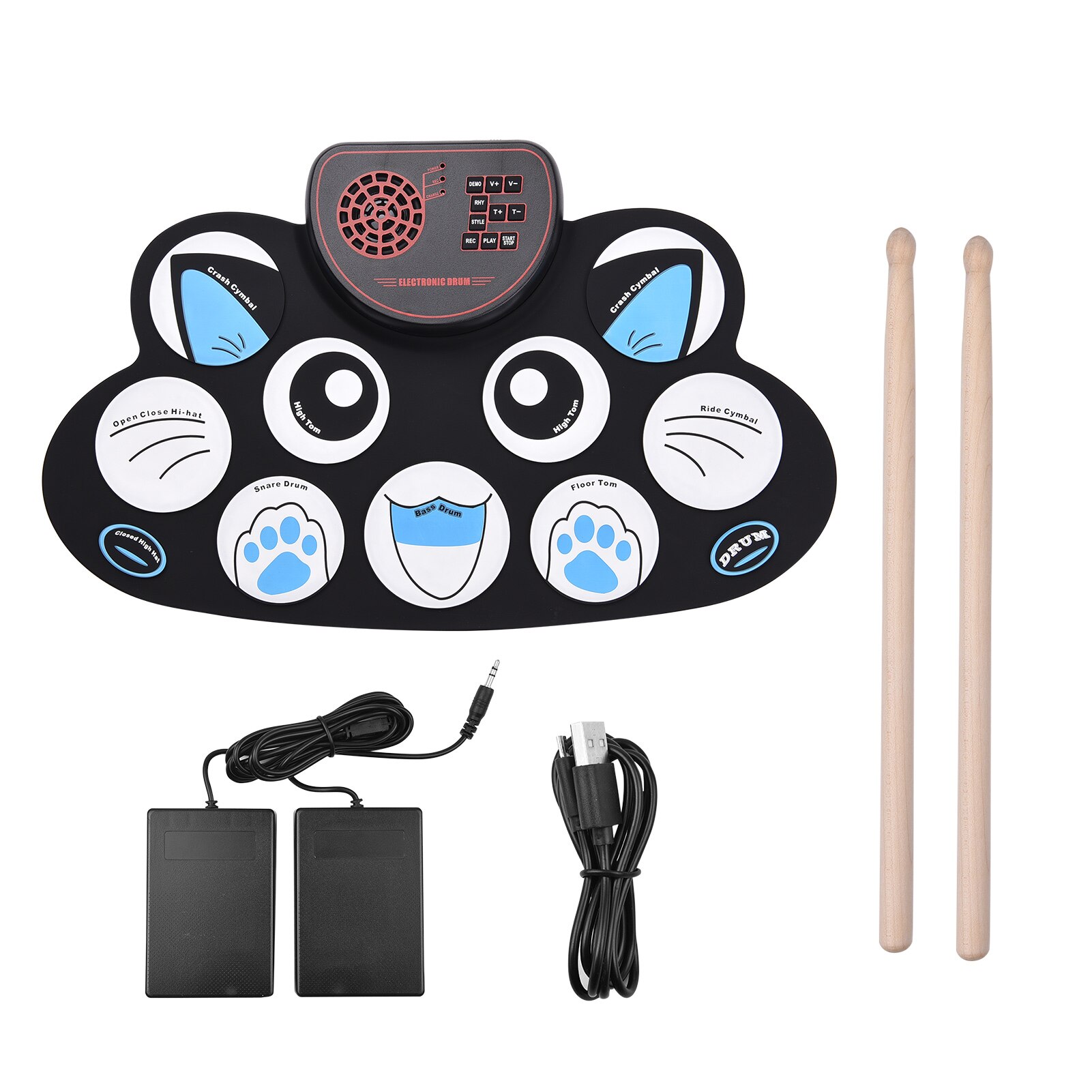 Roll-up Electronic Drum Pad Digital Drum 10 Rhythms Record 3.5mm Microphone Input Headphone Monitoring External Speaker Output