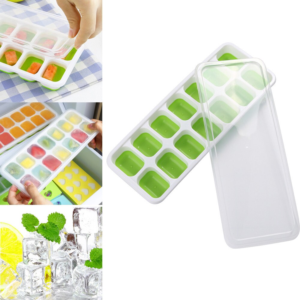 1 Pc Covered Ice Cube Tray Set With 14 Ice Cubes Molds Flexible Rubber Plastic Molds Flexible Rubber Plastic Stackable Green#T2: green 
