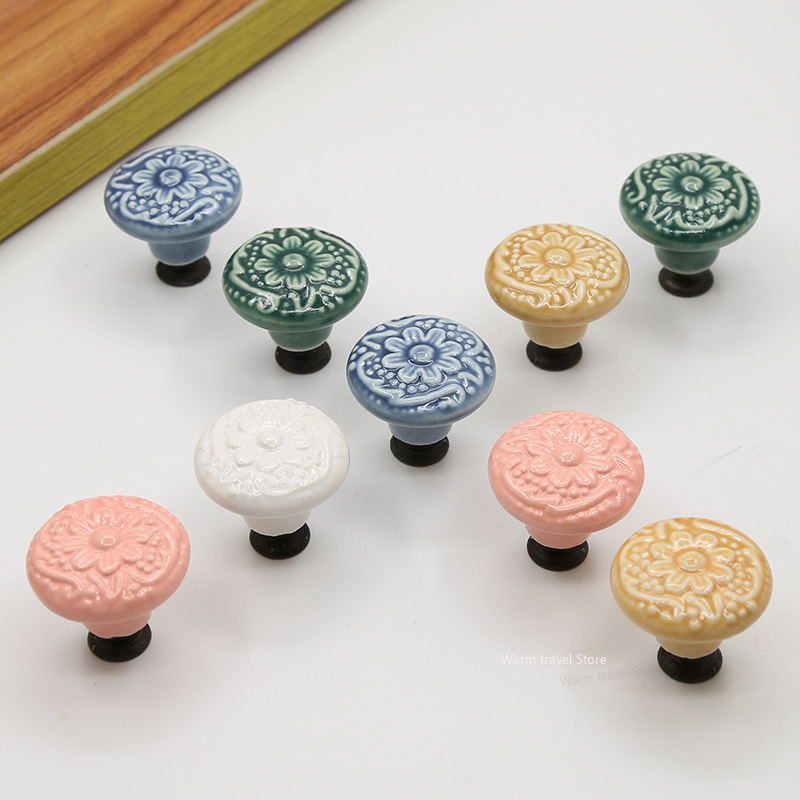 Single Hole Round Ceramic Knob Handle Flower Surface Cabinet Kitchen Door Drawer Handles Dresser Knobs Pulls Furniture Hardware