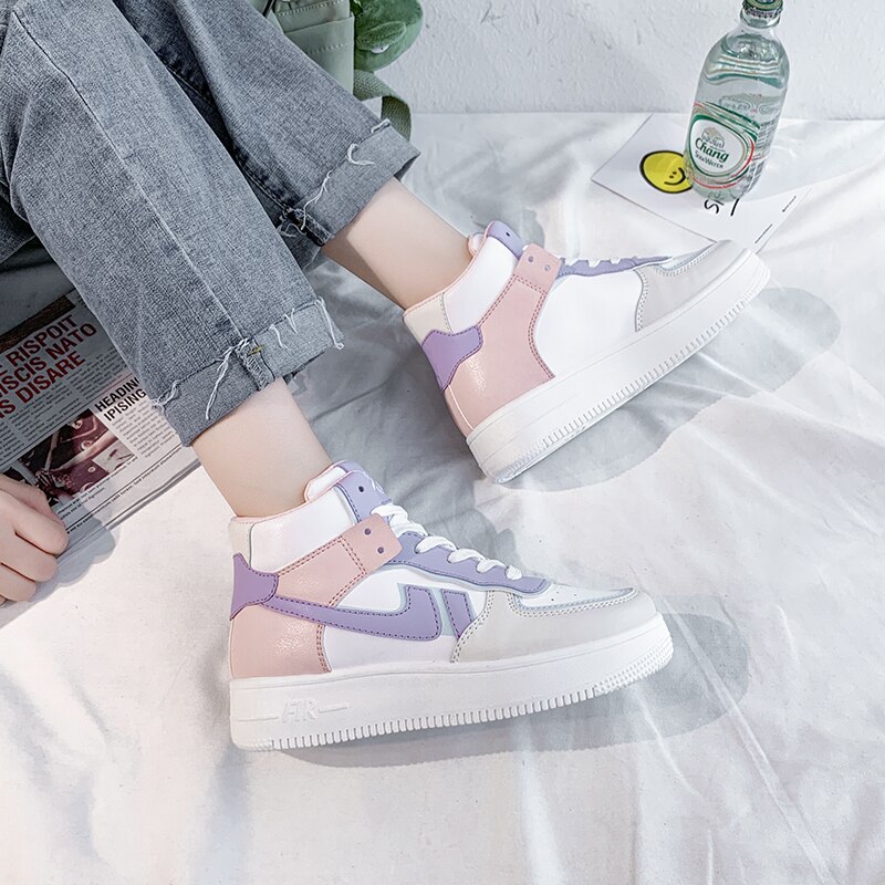 Women Platform Sneakers Korean PU Leather Trainers Womens Chunky Sneakers Tenis Female Spring Lace Up Casual Shoes
