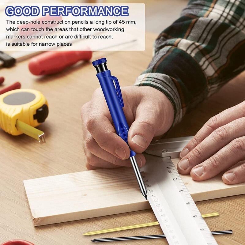 Solid Carpenter Pencil Set Leads Built-in Sharpener Deep Hole Mechanical Marker Marking Pen Tool