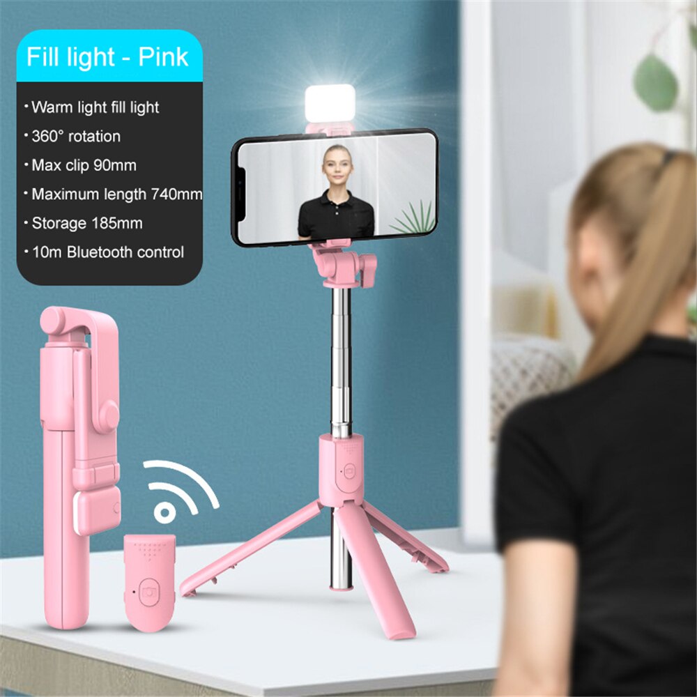 Tragbarer, kabelloser bluetooth-selfie-stick mit ausziehbarem und faltbarem stativ für ios, android und iphone.: Rosa zusatzbeleuchtung