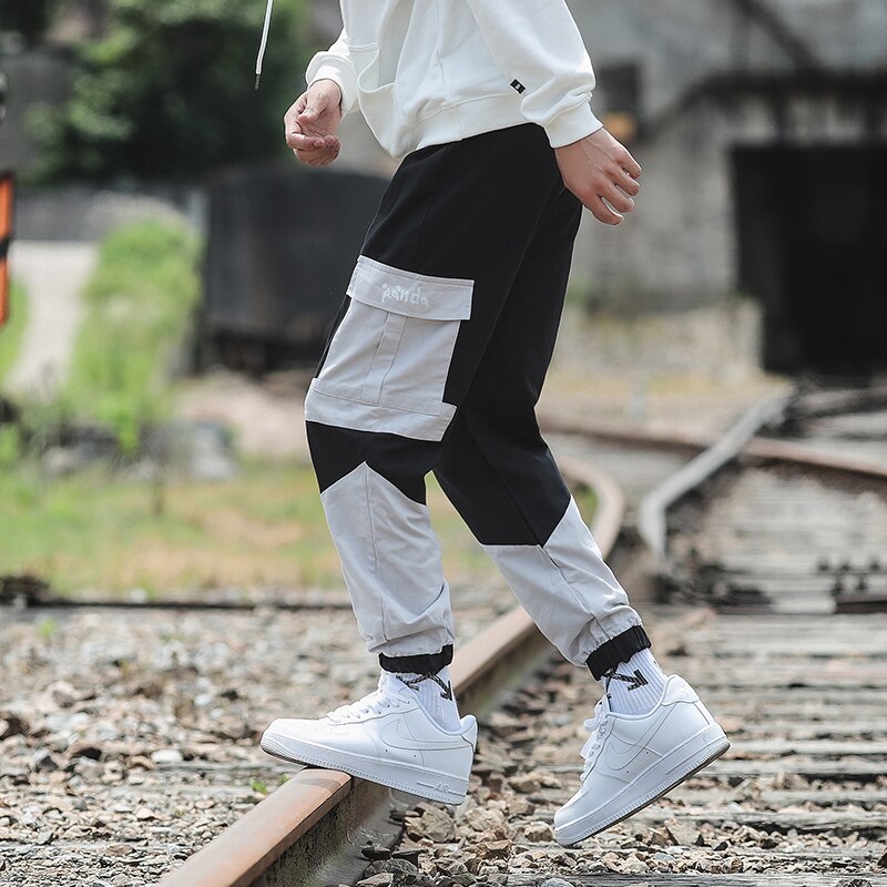 Hiphop Heren cargo broek met veel zakken Patchwork pantalones Zwart legergroen Blauw enkellange Lente Herfst