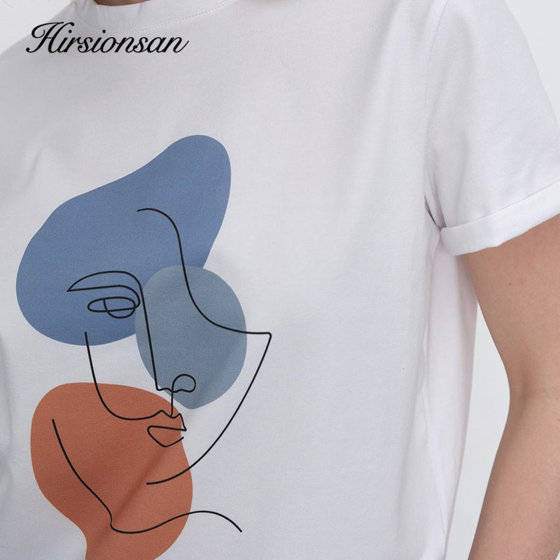 Hirsionsan abstrakt print t-shirt til kvinder sommer oversized 100%  bomuld t-shirts afslappet løs æstetisk t-shirt o-hals toppe