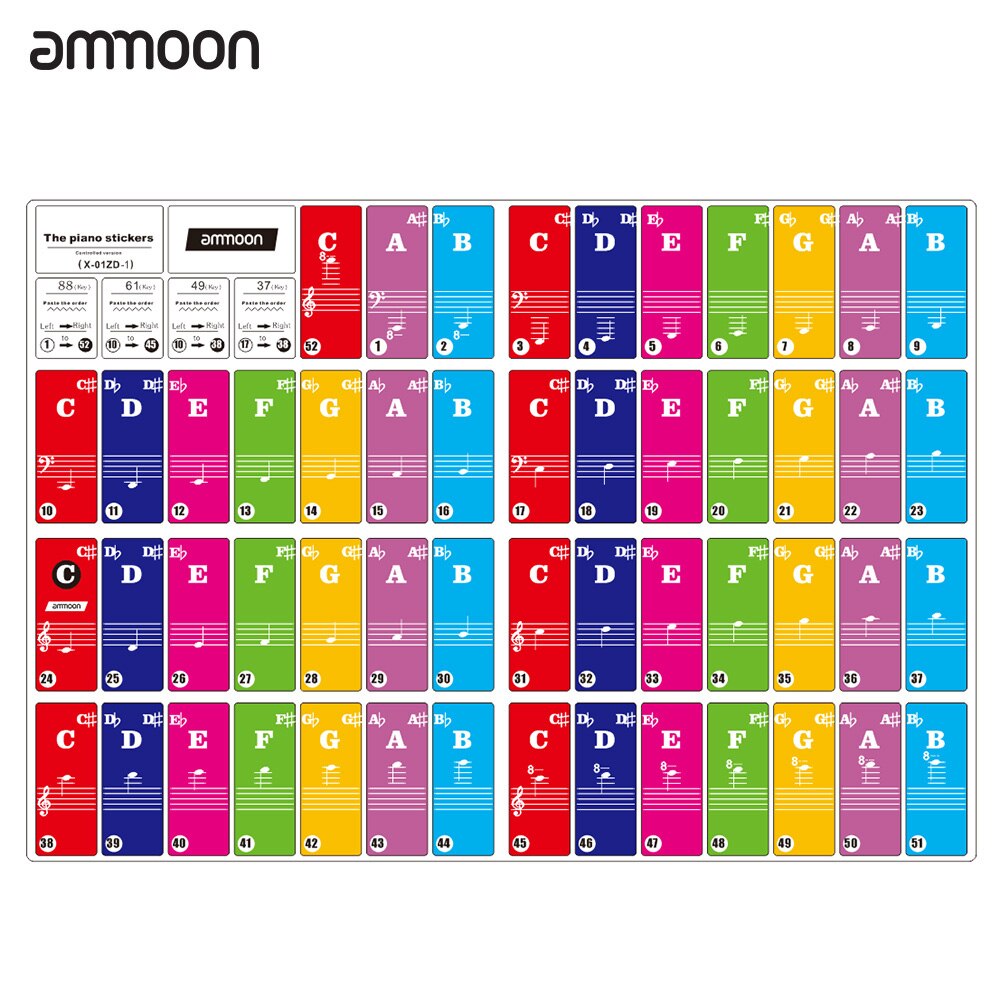 Ammoon Piano Kleurrijke Toetsenbord Stickers Voor 37/ 49/ 61/ 88 Key Toetsenborden Verwijderbare Voor Kinderen Beginners Piano praktijk Leren