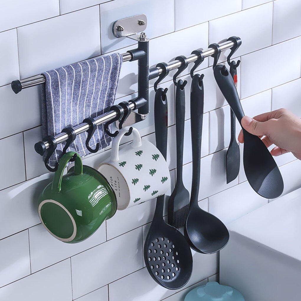 Wall Mount Kitchen Utensil Holder Rotating Stainless Steel Rack Rail Hanger Hook Organizer for Spoon Pot Pan