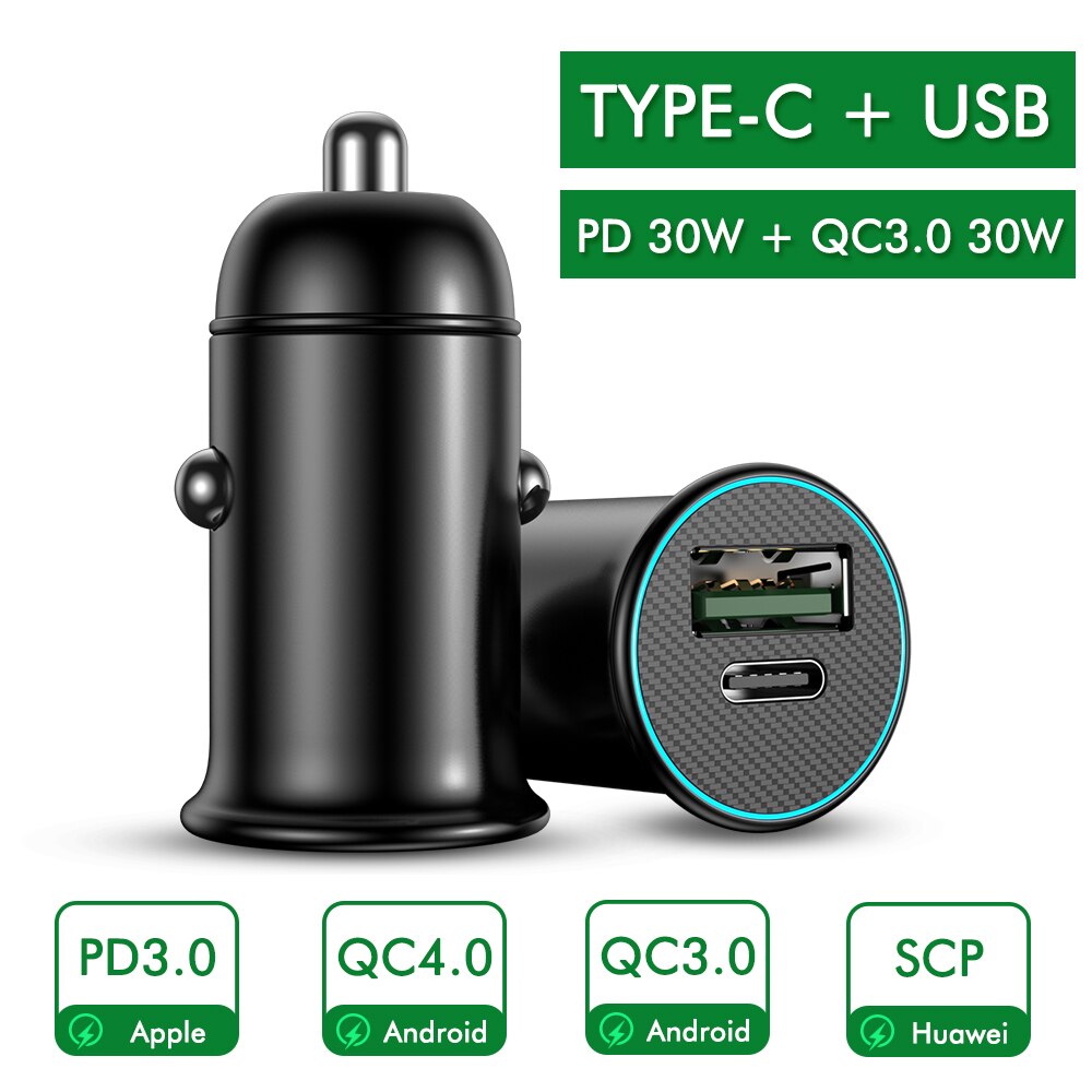 30W USB chargeur de voiture métal rapide PD USB C voiture chargeur de téléphone Charge rapide QC3.0 4.0 SCP AFC pour iPhone Huawei Xiaomi Mi Type C téléphone portable: 30W PD USB Black