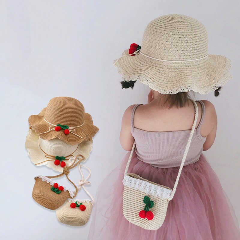 New Summer Baby Girl cappello di paglia borsa Set vacanze all'aperto bambini ragazze Cherry Beach cappelli da sole bambini Panama Cap And Bag Suit