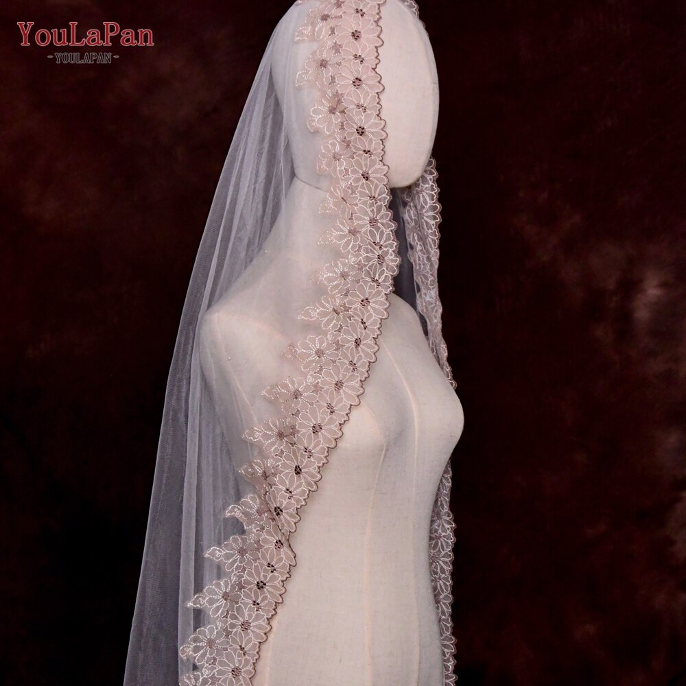 YouLaPan-velos de novia con bordes bordados V59, velo de novia con Colorete, sin peine, velo de niña de flores, velo de novia blanco marfil