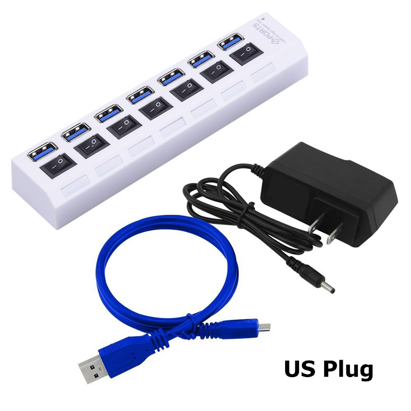 USB 3.0 HUB 4 Port USB HUB USB Splitter Power Adapter with Individual Power Switches for Computer Laptop Accessories HUB USB 3.0: White and US Adapter