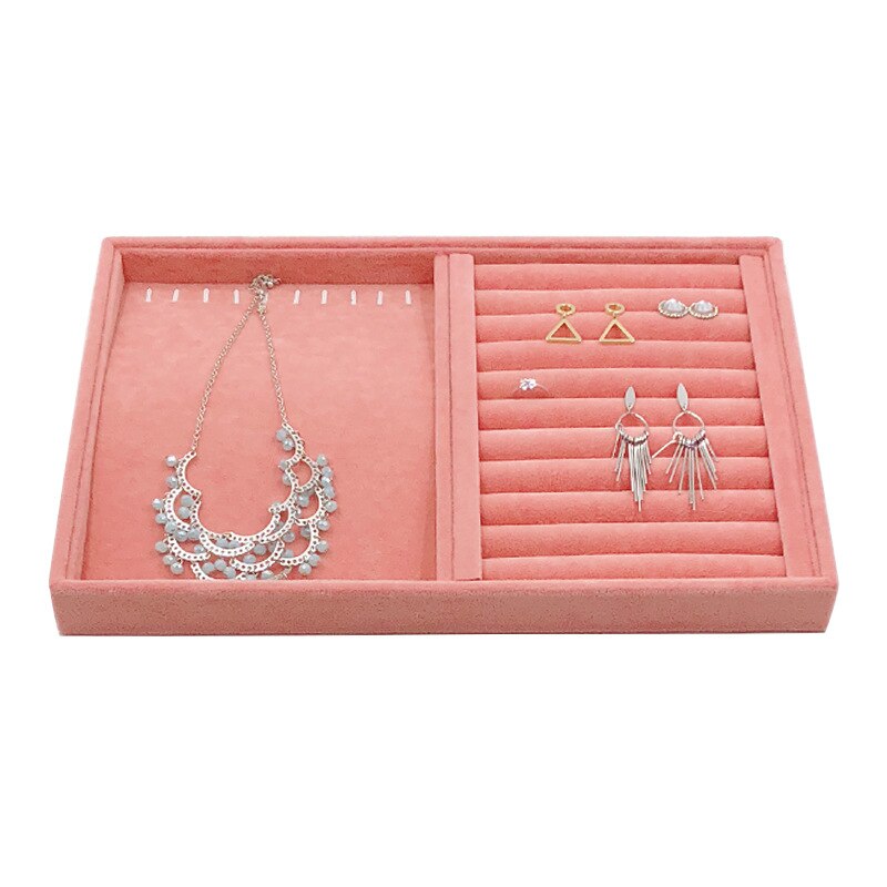 Mode Roze Fluwelen Sieraden Display Lade Ring Oorbel Lade Armband Ketting Hangers Display Organizer Sieraden Opbergvak: Ring Necklace Tray