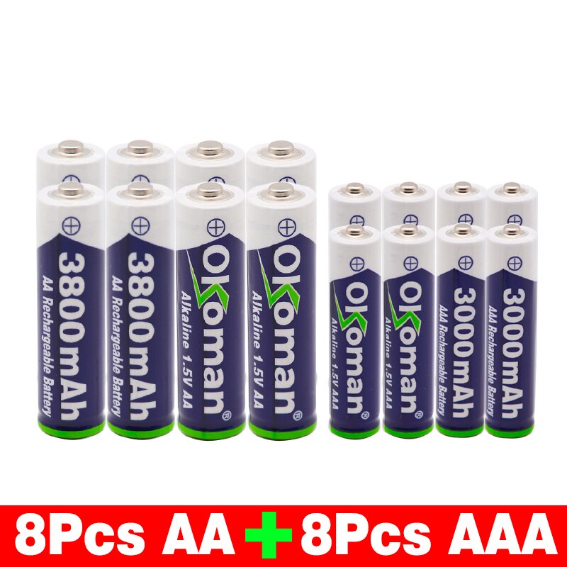 High capacity 1.5V AAA 3000mAh Alkaline Rechargeable battery + 3800 mAh AA Alkaline battery for LED light toy clock MP3 player: Red