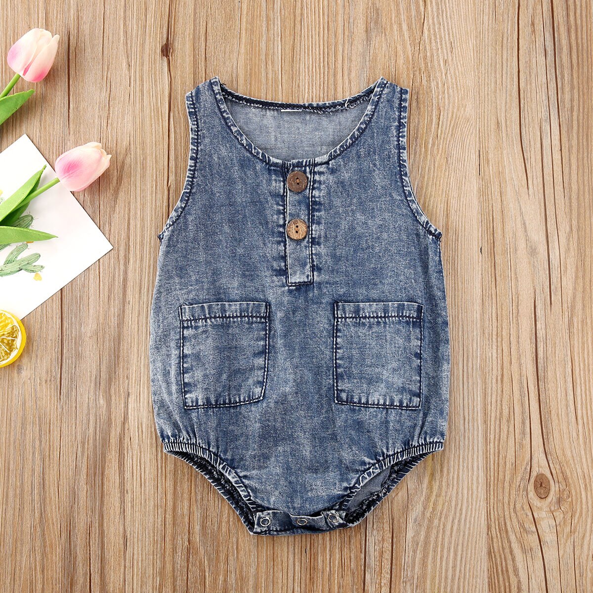 Baby Summer Clothing Unisex Infant Sleeveless Denim Romper Baby Girls Boys Round Collar Pocket Jumpsuit Clothing