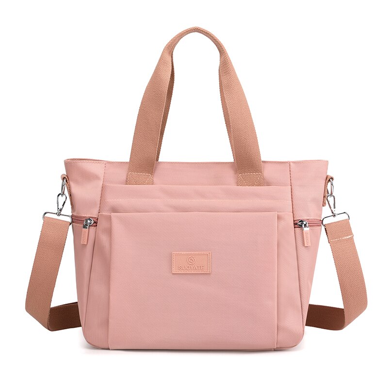 Nylon Shoulder Bags For Women Solid Color Casual Tote Large Capacity Black Crossbody Bag Soft Zipper Travel Handbag: Pink