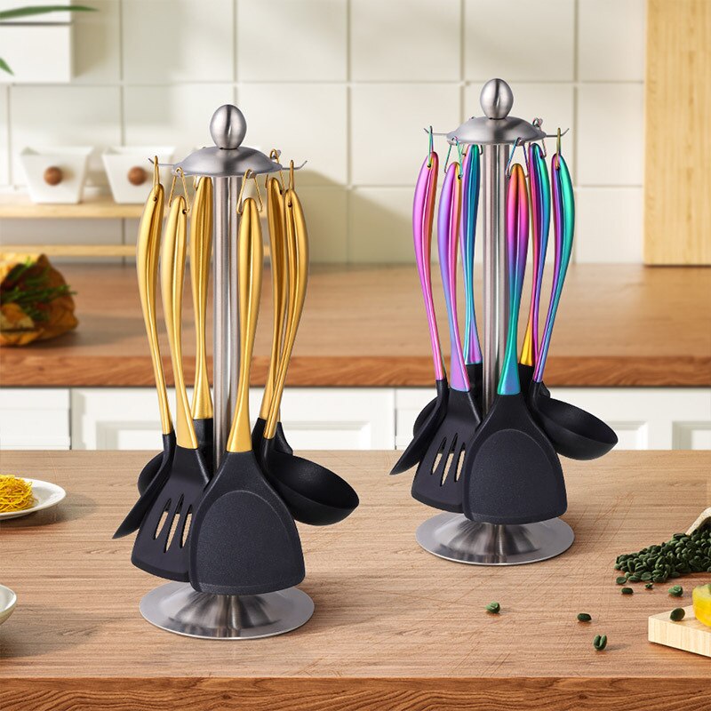 7pcs/set Solid Color Silicone Kitchenware Household Kitchen Stainless Steel Handle Kitchenware Cooking Kitchenware Kithchenware