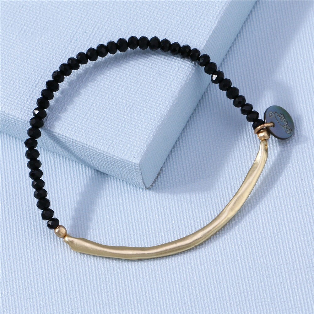 Black Crystal Beaded Bracelet Female Gold Adjustable Copper Tube Elastic Bracelet Simple Shape Jewelry