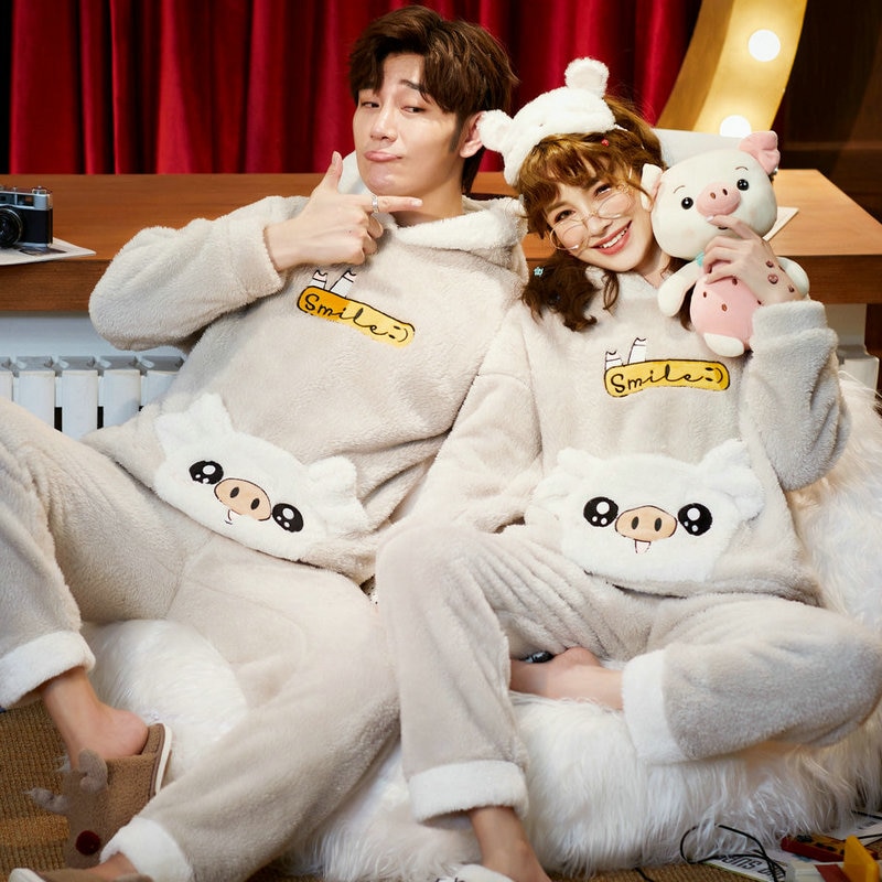 Unisex pyjama voor volwassenen, heren, winter, fluwelen nachtkleding, 2- delige warme flanellen pyjamaset, dieren, cartoon, schattige huiskleding