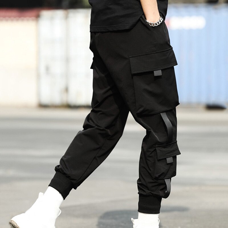 Streetwear hippe sorte bukser mænd elastiske talje sportsbukser med bånd afslappede slanke bukser mænd hofte bukser