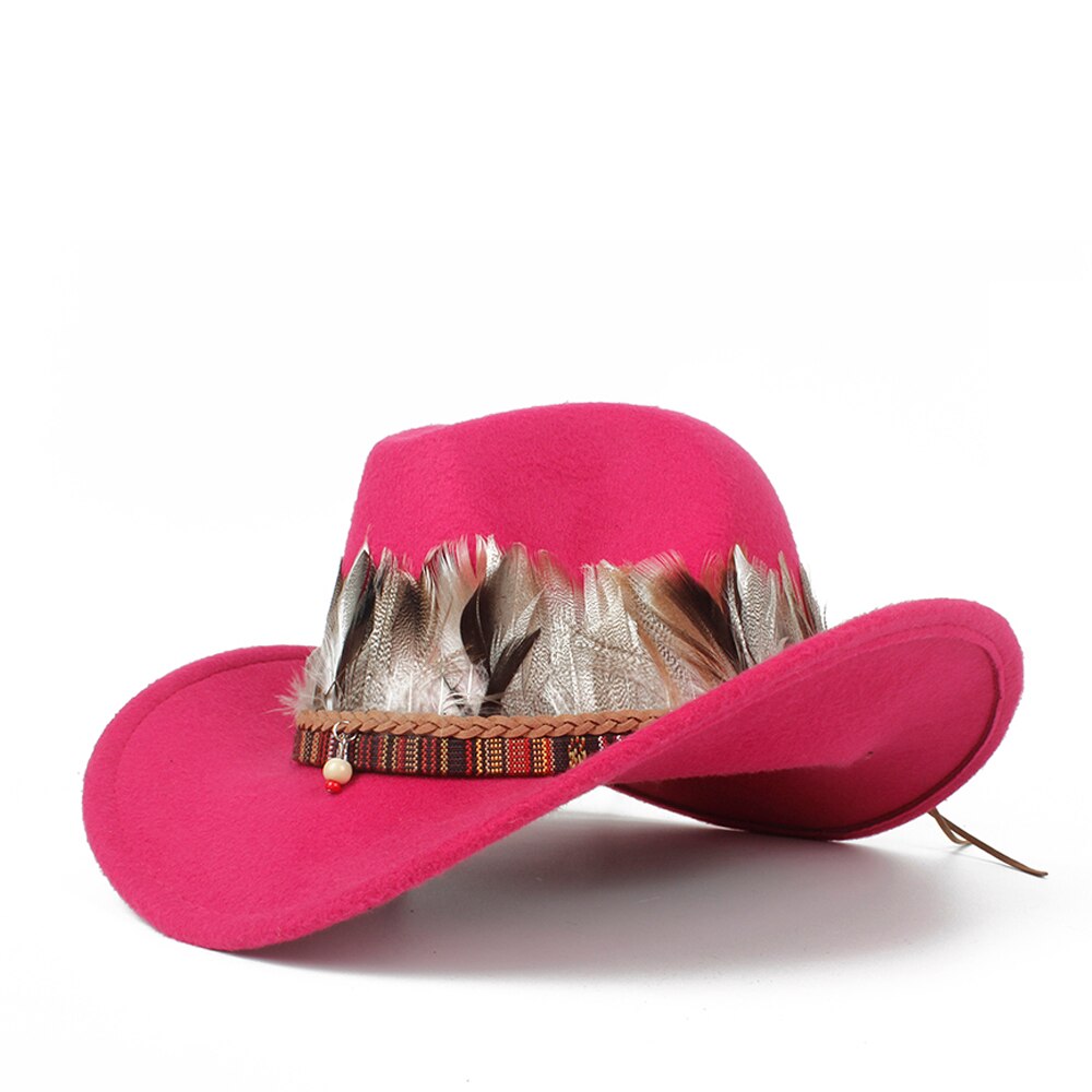 Sombrero de vaquero occidental de lana para niño y niña, Sombrero de cuero con agujeros, Outblack, Sombrero de Jazz para Hombre: Rose red