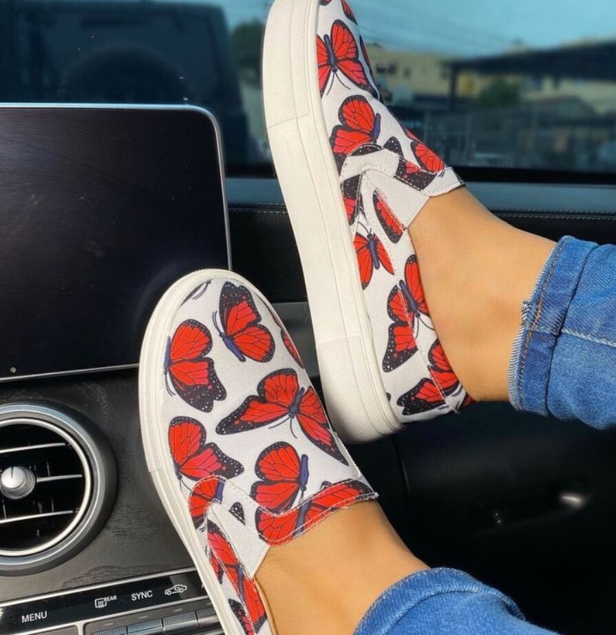 Dames canvas loafer plat platform print kleurrijke dames instappers vrouwelijke graffiti casual schoen: Rood / 37