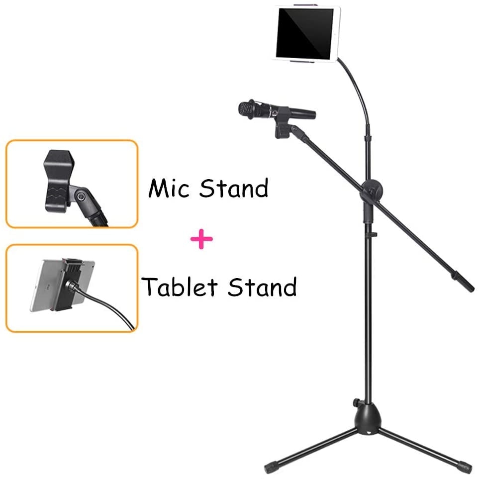Tablet Tripod Stand with Microphone Holder, Lightweight Folding Tripod Mic Stands Height Adjustable Cell Phone Floor Stand