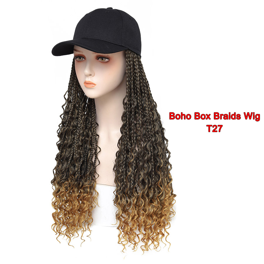 TOMO-gorra de béisbol con extensiones de pelo de ganchillo para mujer, sombrero ajustable con peluca sintética, trenzas de caja rizadas adjuntas: T1B / 27 / 14 pulgadas